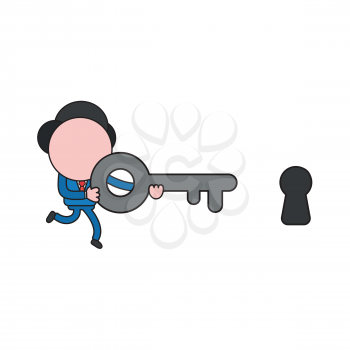 Vector illustration concept of businessman character running and carrying key to keyhole. Color and black outlines.