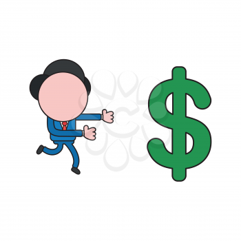 Vector illustration concept of businessman character running to dollar symbol. Color and black outlines.
