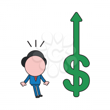 Vector illustration concept of businessman character surprised at dollar symbol arrow moving up. Color and black outlines.