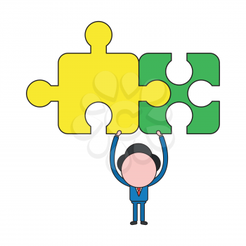 Vector illustration concept of businessman character holding up two connected jigsaw puzzle pieces. Color and black outlines.