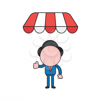 Vector illustration concept of businessman character giving thumbs-up under shop store awning. Color and black outlines.