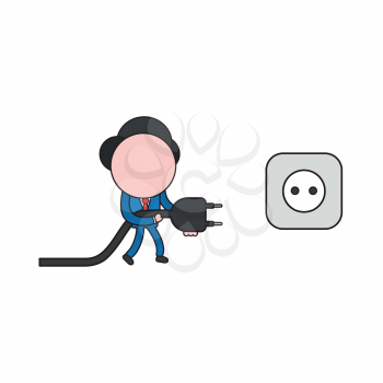 Vector illustration concept of businessman character holding plug and cable to outlet. Color and black outlines.