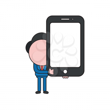 Vector illustration concept of businessman character holding smartphone. Color and black outlines.