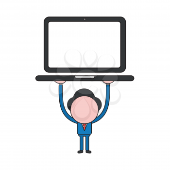 Vector illustration concept of businessman character holding up laptop computer. Color and black outlines.