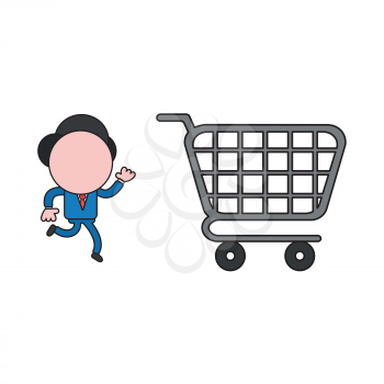 Vector illustration concept of businessman character running to shopping cart. Color and black outlines.