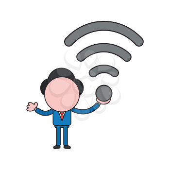 Vector illustration concept of businessman character holding wireless wifi symbol. Color and black outlines.