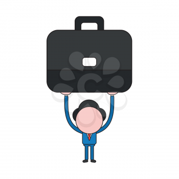 Vector illustration concept of businessman character holding up briefcase. Color and black outlines.