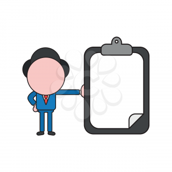 Vector illustration concept of businessman character holding clipboard with blank paper. Color and black outlines.