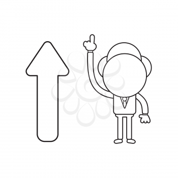Vector illustration concept of businessman character with arrow pointing up. Black outline.