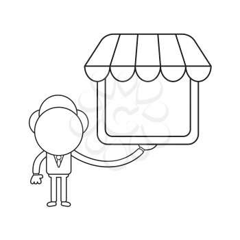Vector illustration concept of businessman character holding shop store. Black outline.
