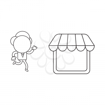 Vector illustration concept of businessman character running to shop store. Black outline.