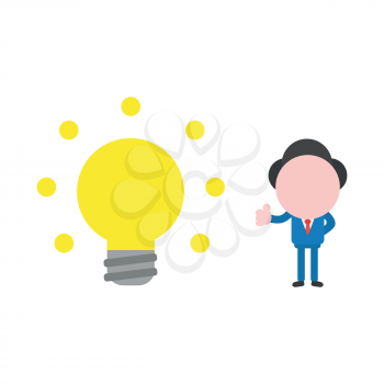 Vector cartoon illustration concept of faceless businessman mascot character gesturing thumbs up with yellow glowing light bulb symbol icon.