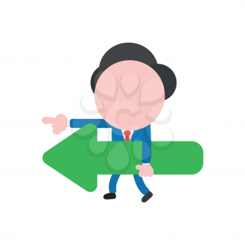Vector cartoon illustration concept of faceless businessman mascot character walking, carrying green arrow symbol icon pointing left.