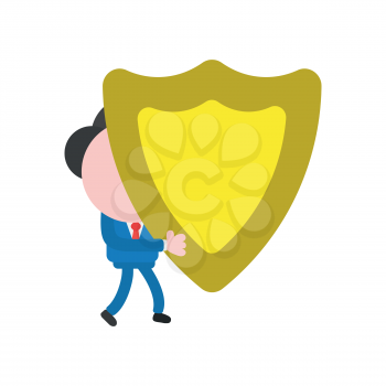 Vector cartoon illustration concept of faceless businessman mascot character walking and carrying yellow guard shield symbol icon.