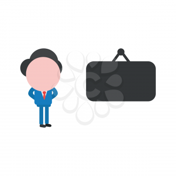 Vector cartoon illustration concept of faceless businessman mascot character with black blank hanging sign symbol icon.