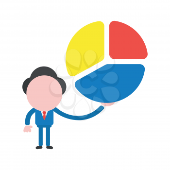 Vector cartoon illustration concept of faceless businessman mascot character holding three part diagram pie chart infographic symbol icon.