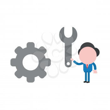 Vector cartoon illustration concept of faceless businessman mascot character holding grey spanner to grey gear symbol icon for repair.