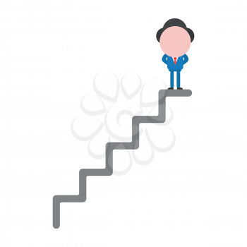 Vector cartoon illustration concept of faceless businessman mascot character at top of stairs symbol icon.