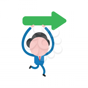 Vector cartoon illustration concept of faceless businessman mascot character running holding up and carrying green arrow symbol icon showing right.