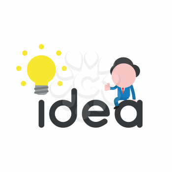 Vector illustration of businessman character sitting on idea word with glowing yellow light bulb icon and giving thumbs up.