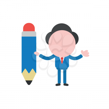 Vector illustration of businessman character holding blue pencil icon.