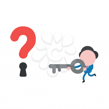 Vector illustration of businessman character running and carrying grey key icon to unlock question mark keyhole.