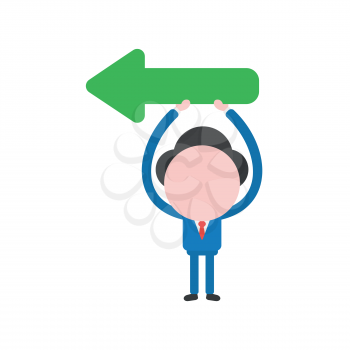 Vector illustration of businessman character holding up green arrow icon pointing left.