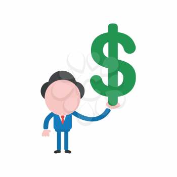 Vector illustration of businessman character holding green dollar symbol.