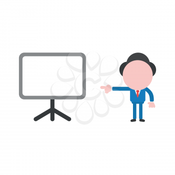 Vector illustration of businessman character pointing blank presentation board icon.