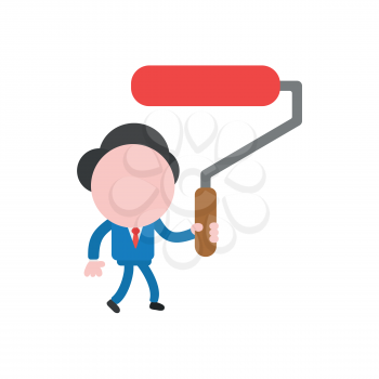 Vector illustration of businessman character walking and holding paint roller brush icon with red color.