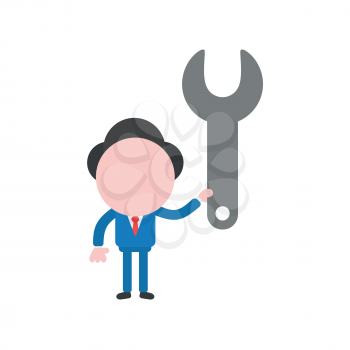 Vector illustration of businessman character holding grey spanner icon.