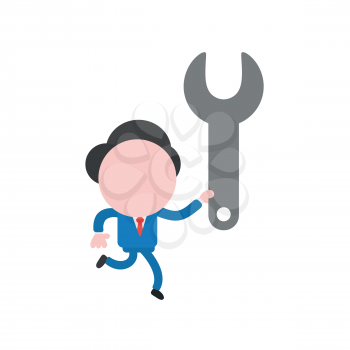 Vector illustration of businessman character running and holding spanner icon.