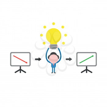 Vector illustration concept of businessman character with sales chart moving down, holding up yellow  glowing light bulb icon and moving up, good idea and success.