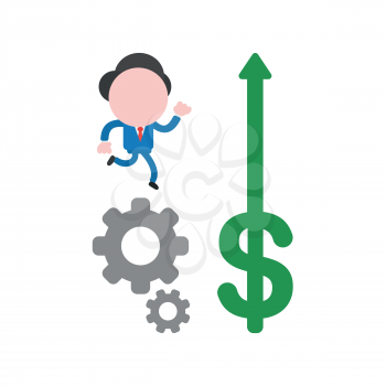 Vector illustration concept of businessman character running on gray gears and green dollar icon with arrow moving up.