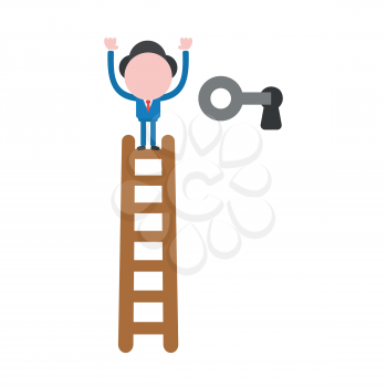 Vector illustration concept of businessman character climb to top of wooden ladder and unlock with key icon.