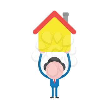 Vector illustration concept of businessman character holding up yellow house icon.