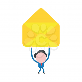 Vector illustration concept of businessman character walking and holding up yellow open empty envelope icon.