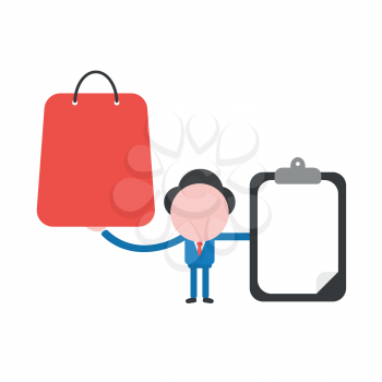 Vector illustration concept of businessman character holding red shopping bag and clipboard with blank paper.