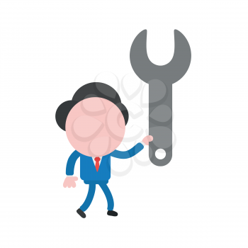 Vector illustration concept of businessman character walking and holding gray spanner icon.