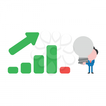 Vector illustration of faceless businessman character holding gray light bulb, bad idea and sales bar chart moving up and down.