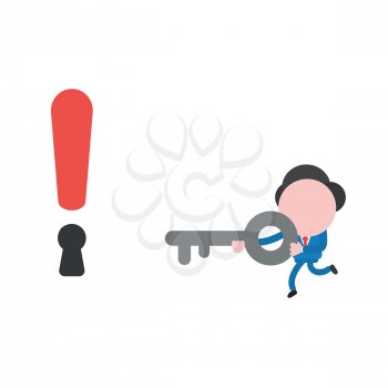 Vector illustration of faceless businessman character running and carrying key to exclamation mark keyhole.