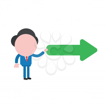 Vector illustration of faceless businessman character holding arrow pointing right.