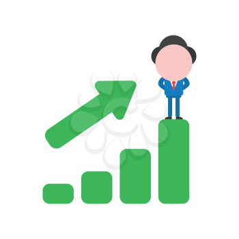 Vector illustration of faceless businessman character at top of sales bar chart moving up.