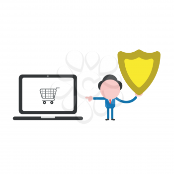 Vector illustration of faceless businessman character holding guard shield and pointing shopping cart inside laptop computer.