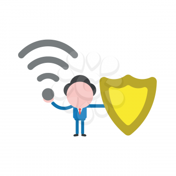 Vector illustration of faceless businessman character holding wireless wifi symbol and guard shield.