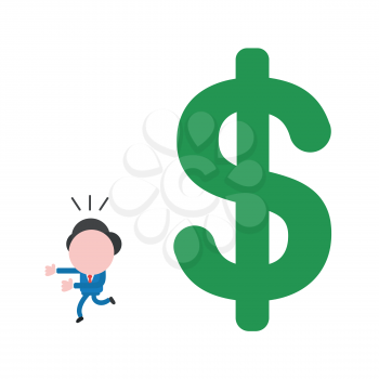 Vector illustration of faceless businessman character running away from big dollar money symbol.