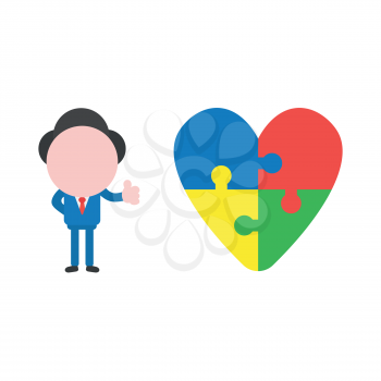 Vector illustration of faceless businessman character giving thumbs up with connected heart jigsaw puzzle.
