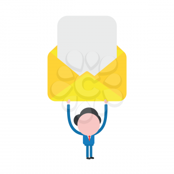 Vector illustration of faceless businessman character holding up open yellow mail envelope with blank paper.