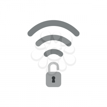 Flat design vector illustration concept of grey wifi wireless symbol icon with opened unlocked padlock on white background.