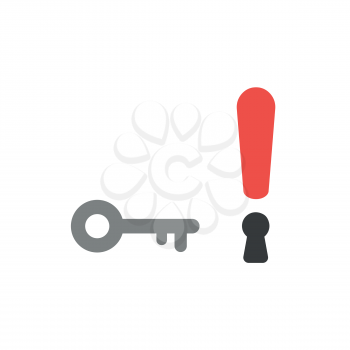 Flat design vector illustration concept of red exclamation mark with keyhole and grey key symbol icon on white background.
